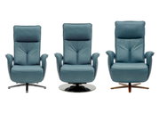 Drei blaue Relax-Sessel in Frontalansicht mit unterschiedlichen Fußgestellen.
