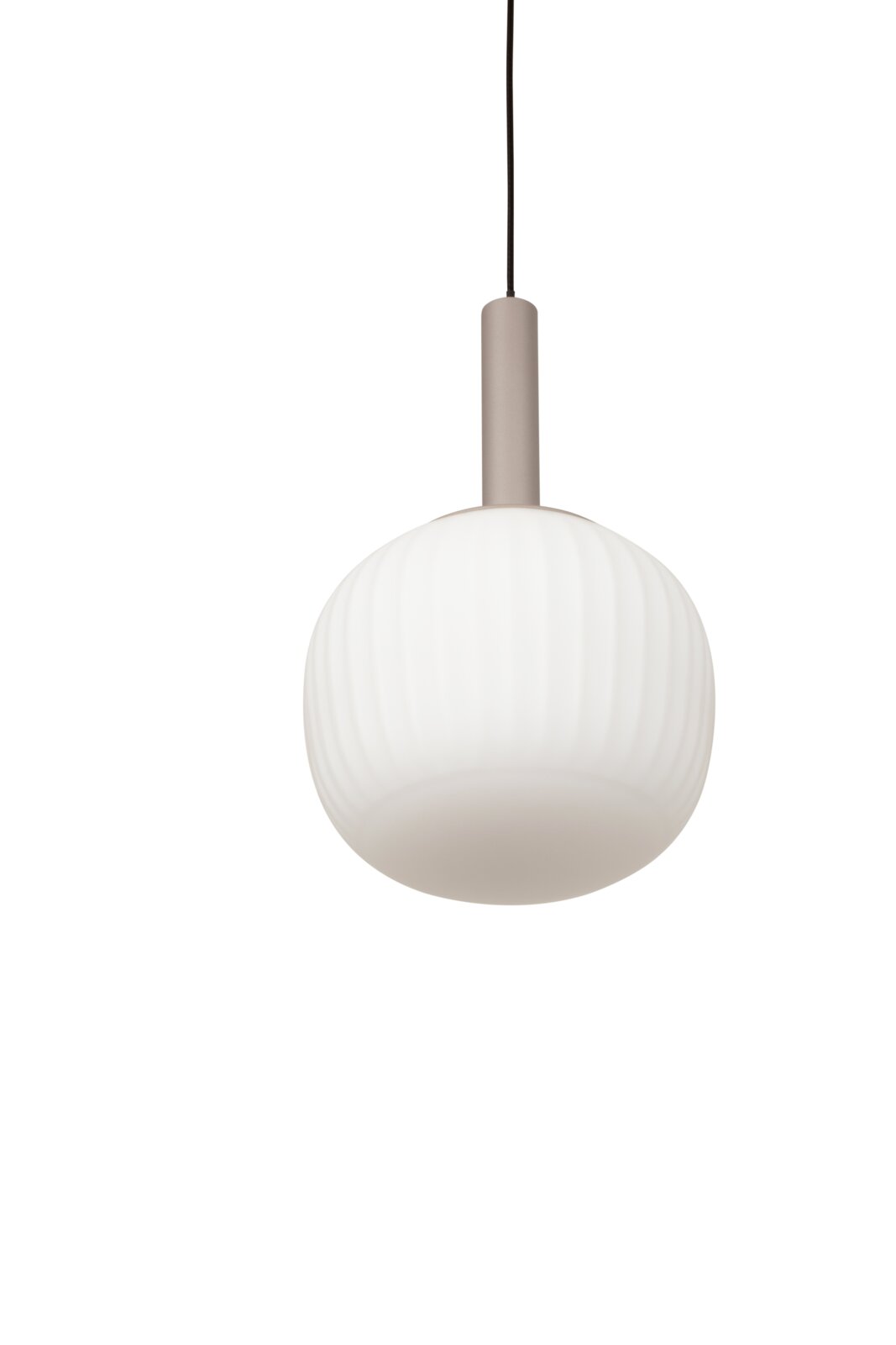 Moderne LED-Hängeleuchte mit weißem, geripptem Glas und grauem Aufhängungselement, seitliche Perspektive