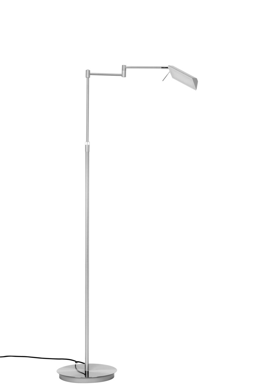 Moderner LED-Deckenfluter aus Metall in seitlicher Ansicht mit verstellbarem Arm und rechteckigem Lampenschirm.