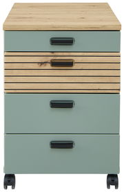 Rollcontainer mit drei Schubladen, aus Holz und grünem Material, auf Rollen, Frontalansicht
