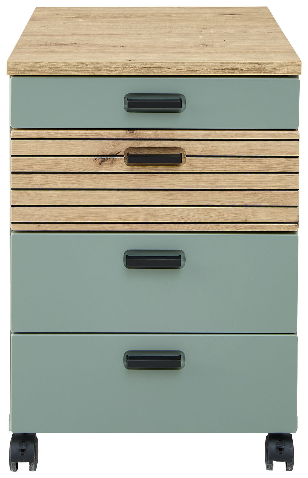 Rollcontainer mit drei Schubladen, aus Holz und grünem Material, auf Rollen, Frontalansicht