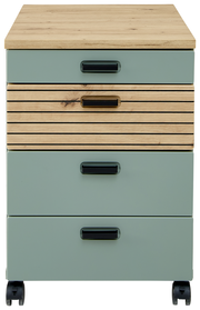 Rollcontainer mit drei Schubladen, aus Holz und grünem Material, auf Rollen, Frontalansicht