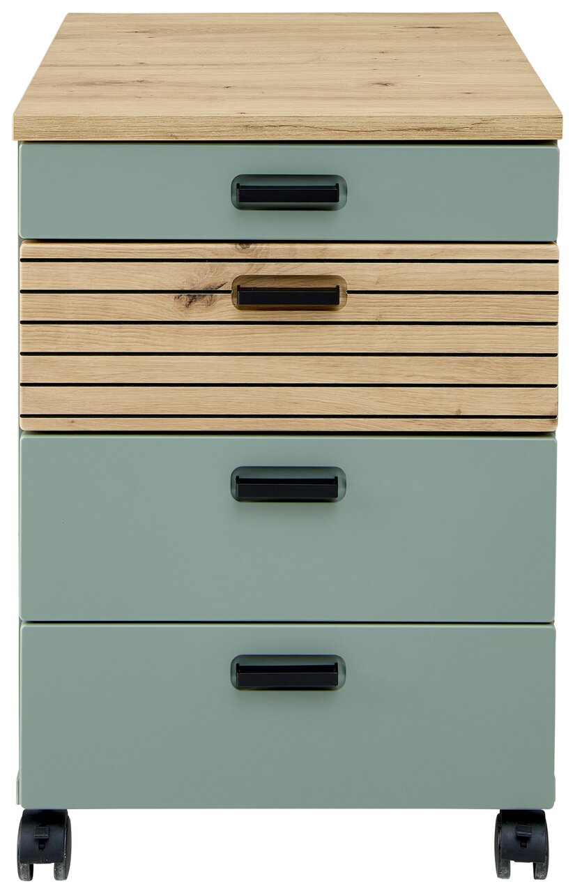 Rollcontainer mit drei Schubladen, aus Holz und grünem Material, auf Rollen, Frontalansicht
