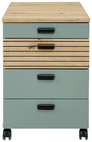 Rollcontainer mit drei Schubladen, aus Holz und grünem Material, auf Rollen, Frontalansicht