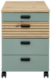Rollcontainer mit drei Schubladen, aus Holz und grünem Material, auf Rollen, Frontalansicht