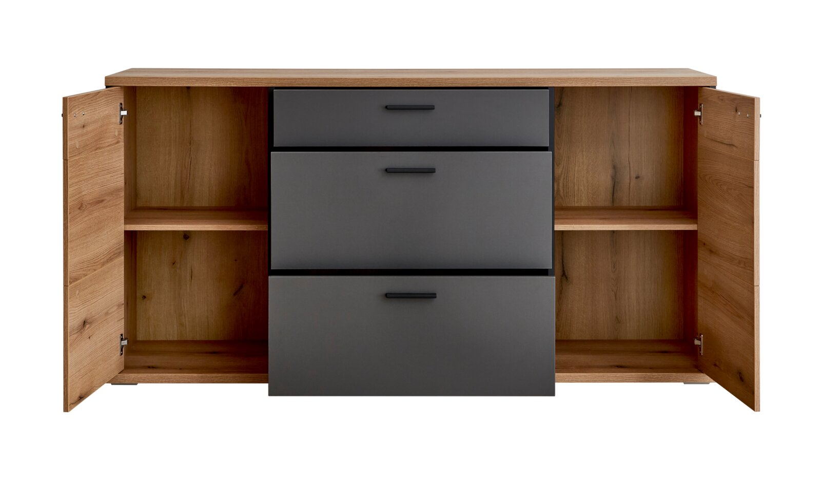 Moderne Sideboard-Kommode aus Holz mit zwei geöffneten Flügeltüren, seitlichen Regalfächern und drei grauen Schubladen in der Mitte, Frontansicht auf weißem Hintergrund