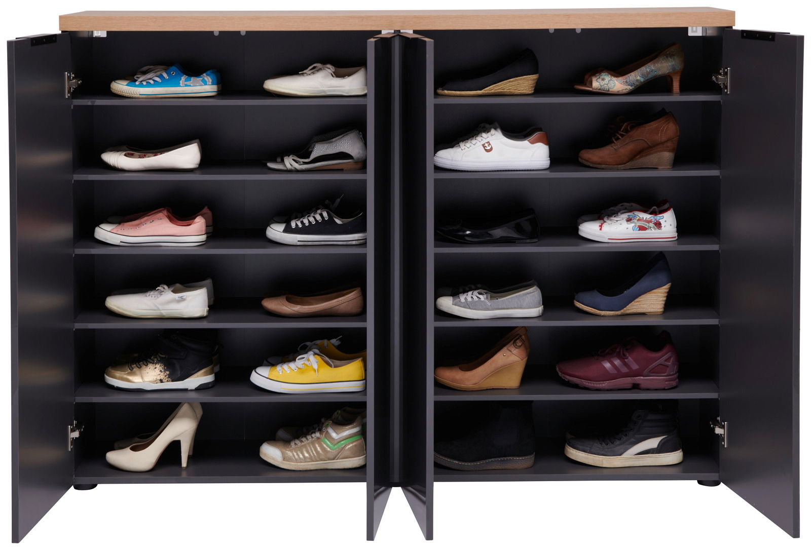 Offener XXL-Schuhschrank in Weiß und Anthrazit mit mehreren Regalböden, gefüllt mit verschiedenen Schuhen, aus frontaler Perspektive.