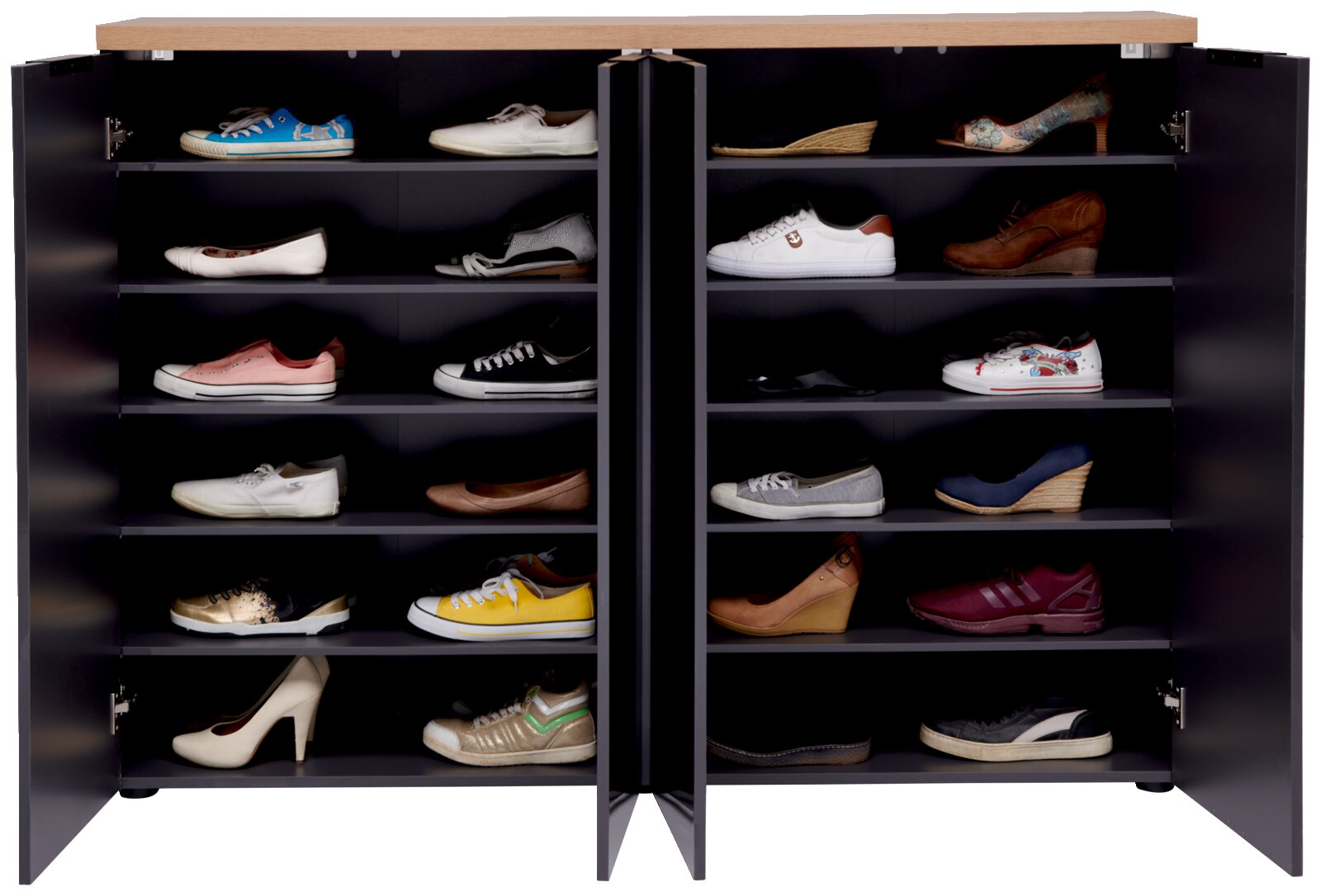 Open XXL-schoenenkast in wit en antraciet met meerdere planken, gevuld met verschillende schoenen, gezien van voren.
