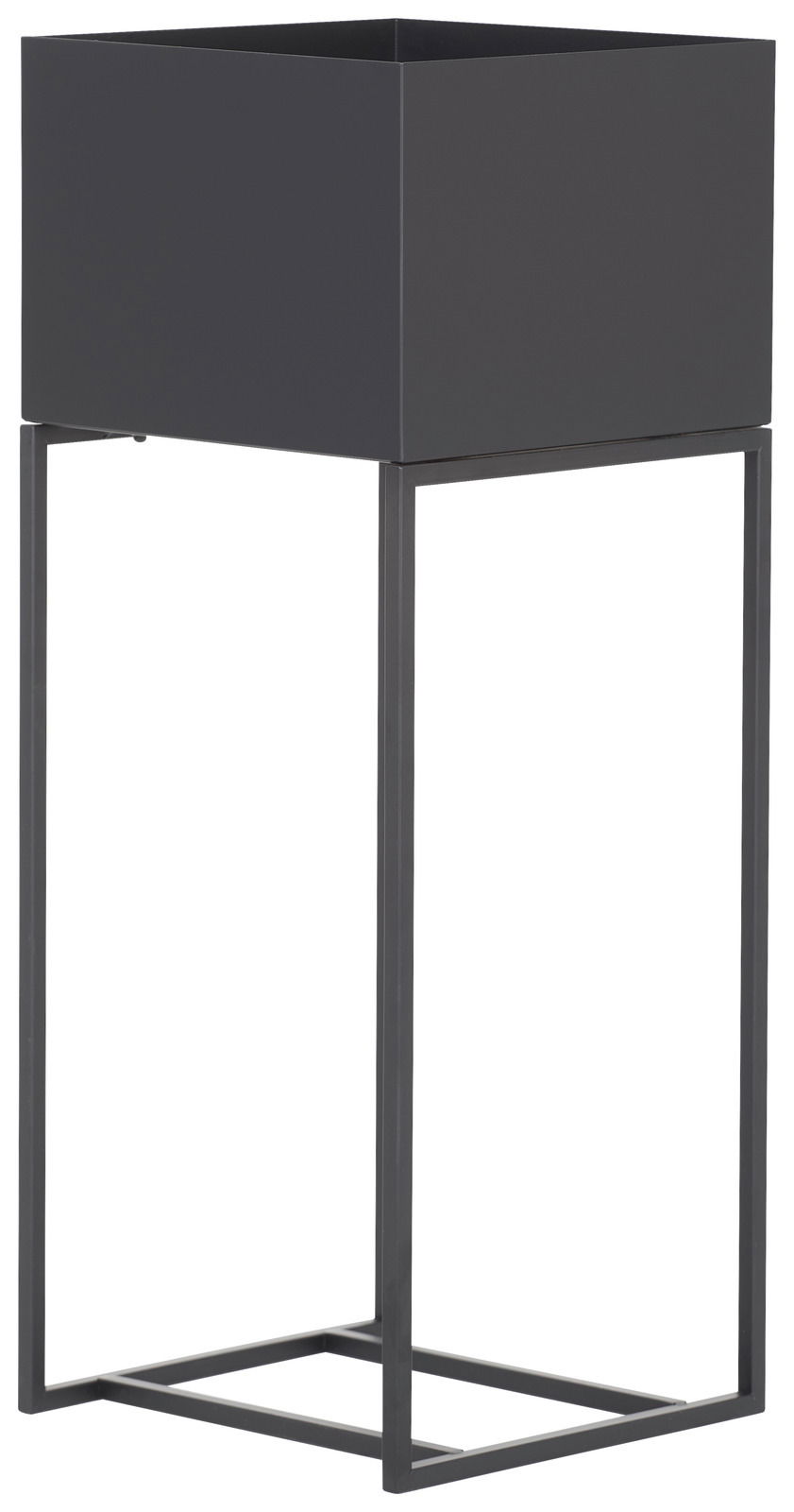 Moderne Blumensäule aus Metall in dunkler Farbe, seitliche Perspektive