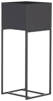 Moderne Blumensäule aus Metall in dunkler Farbe, seitliche Perspektive