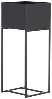 Moderne Blumensäule aus Metall in dunkler Farbe, seitliche Perspektive