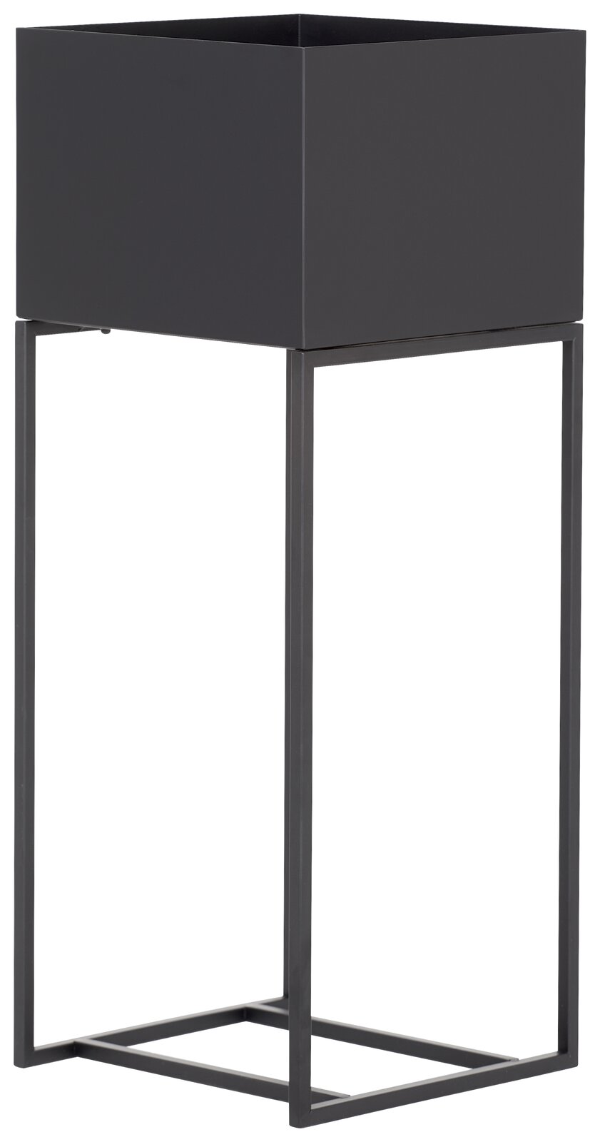 Moderne Blumensäule aus Metall in dunkler Farbe, seitliche Perspektive