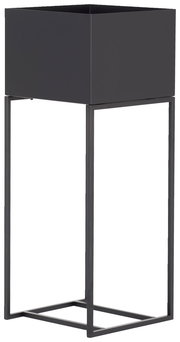 Moderne Blumensäule aus Metall in dunkler Farbe, seitliche Perspektive