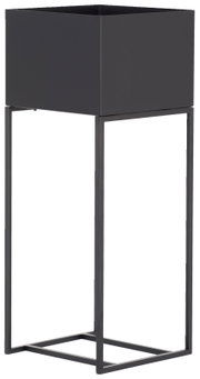 Moderne Blumensäule aus Metall in dunkler Farbe, seitliche Perspektive
