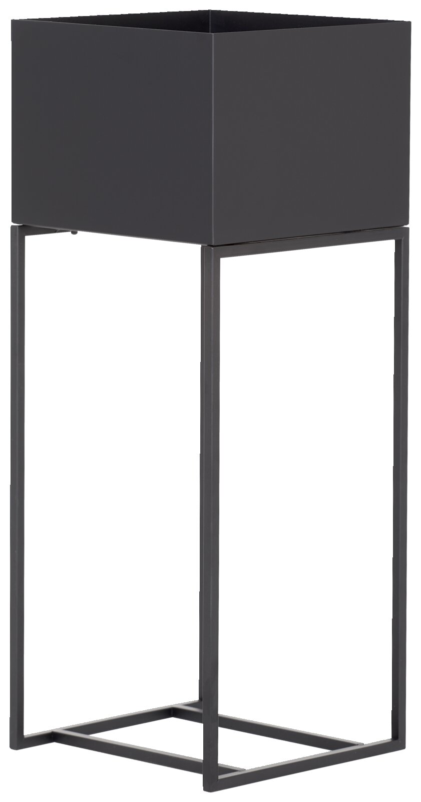Moderne Blumensäule aus Metall in dunkler Farbe, seitliche Perspektive
