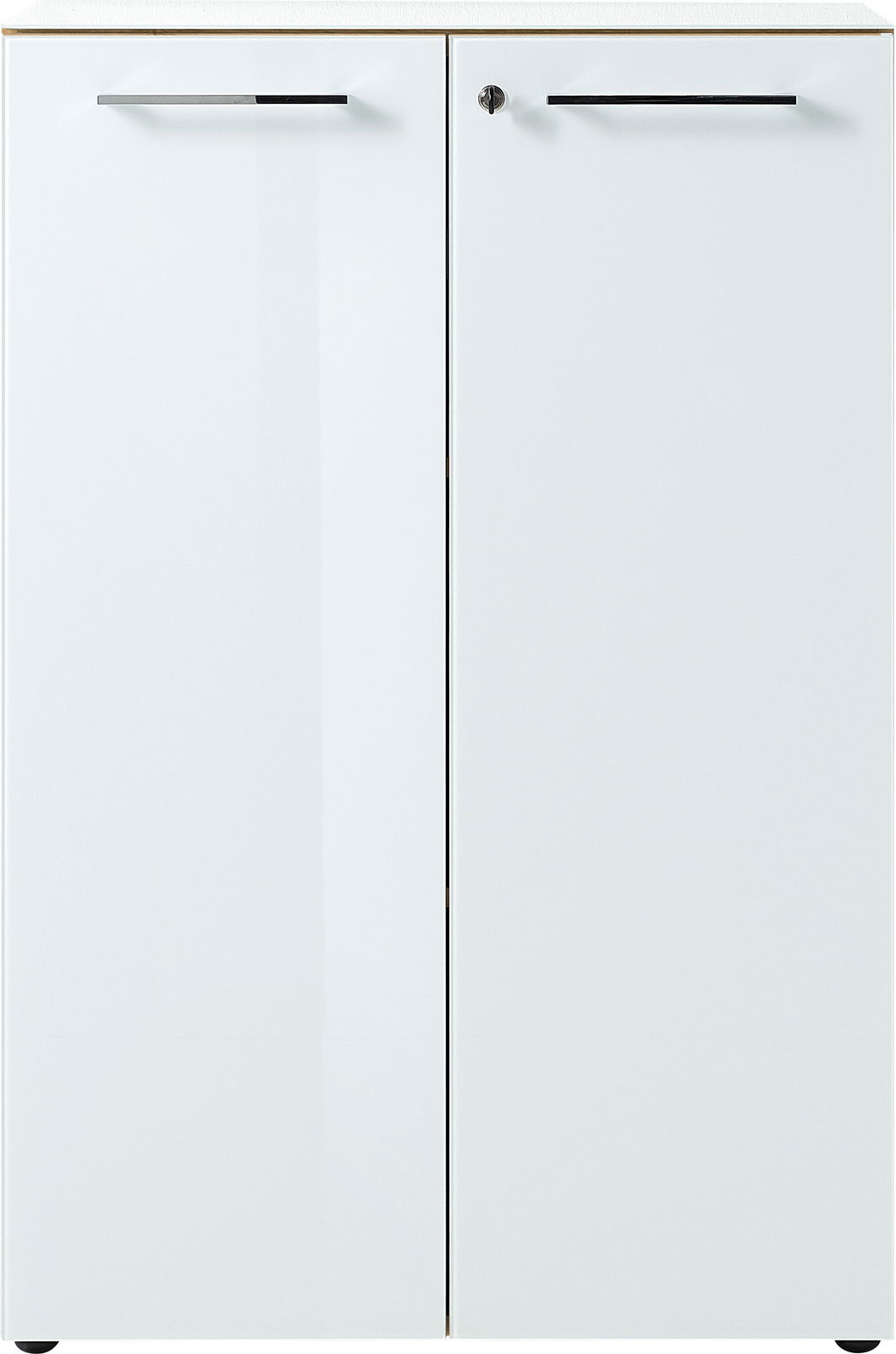 Weißer Aktenschrank mit zwei Türen und silbernen Griffen, Vorderansicht