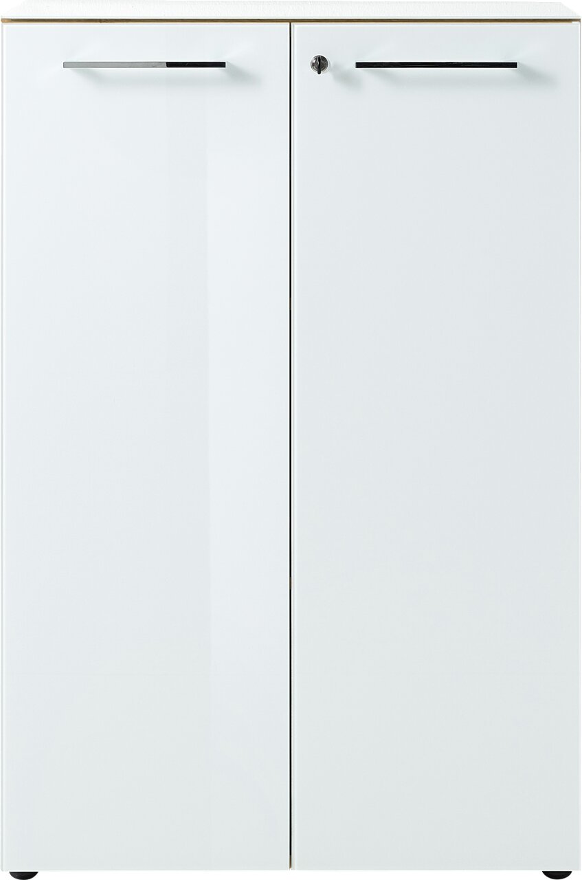 Weißer Aktenschrank mit zwei Türen und silbernen Griffen, Vorderansicht