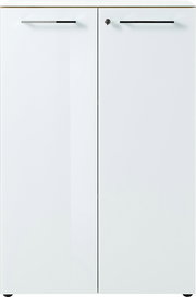 Weißer Aktenschrank mit zwei Türen und silbernen Griffen, Vorderansicht