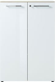 Weißer Aktenschrank mit zwei Türen und silbernen Griffen, Vorderansicht