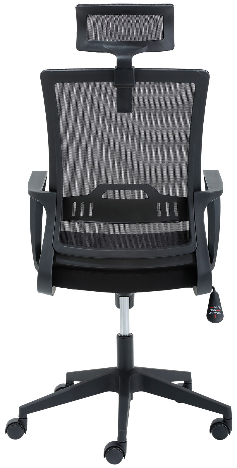 Rückansicht eines ergonomischen Drehstuhls mit Netzrückenlehne und Kopfstütze.