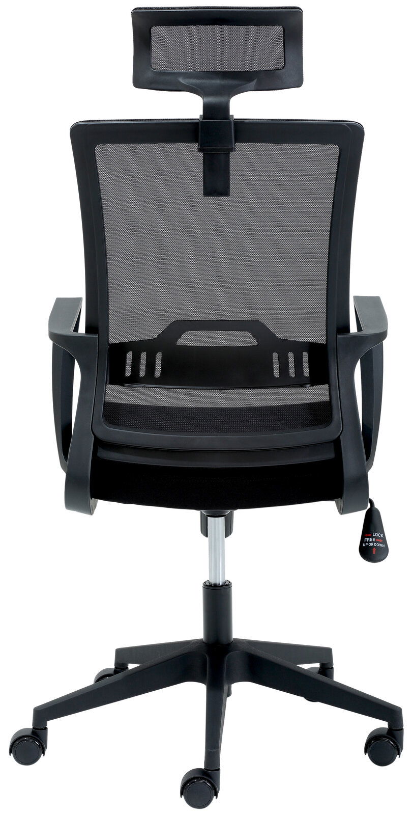 Rückansicht eines ergonomischen Drehstuhls mit Netzrückenlehne und Kopfstütze.