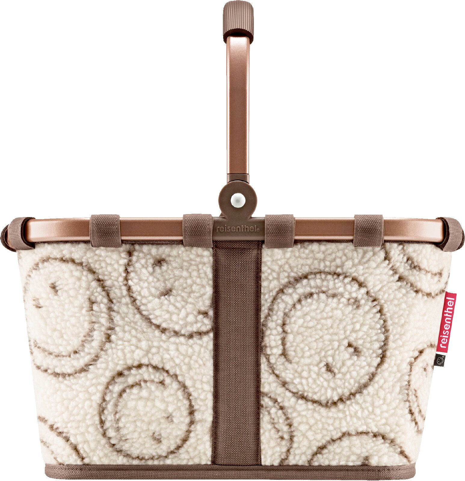 Vooraanzicht van een reisenthel draagmand met zachte crèmekleurige teddybekleding, bruin bloemmotief, roségouden frame en opklapbare handgreep