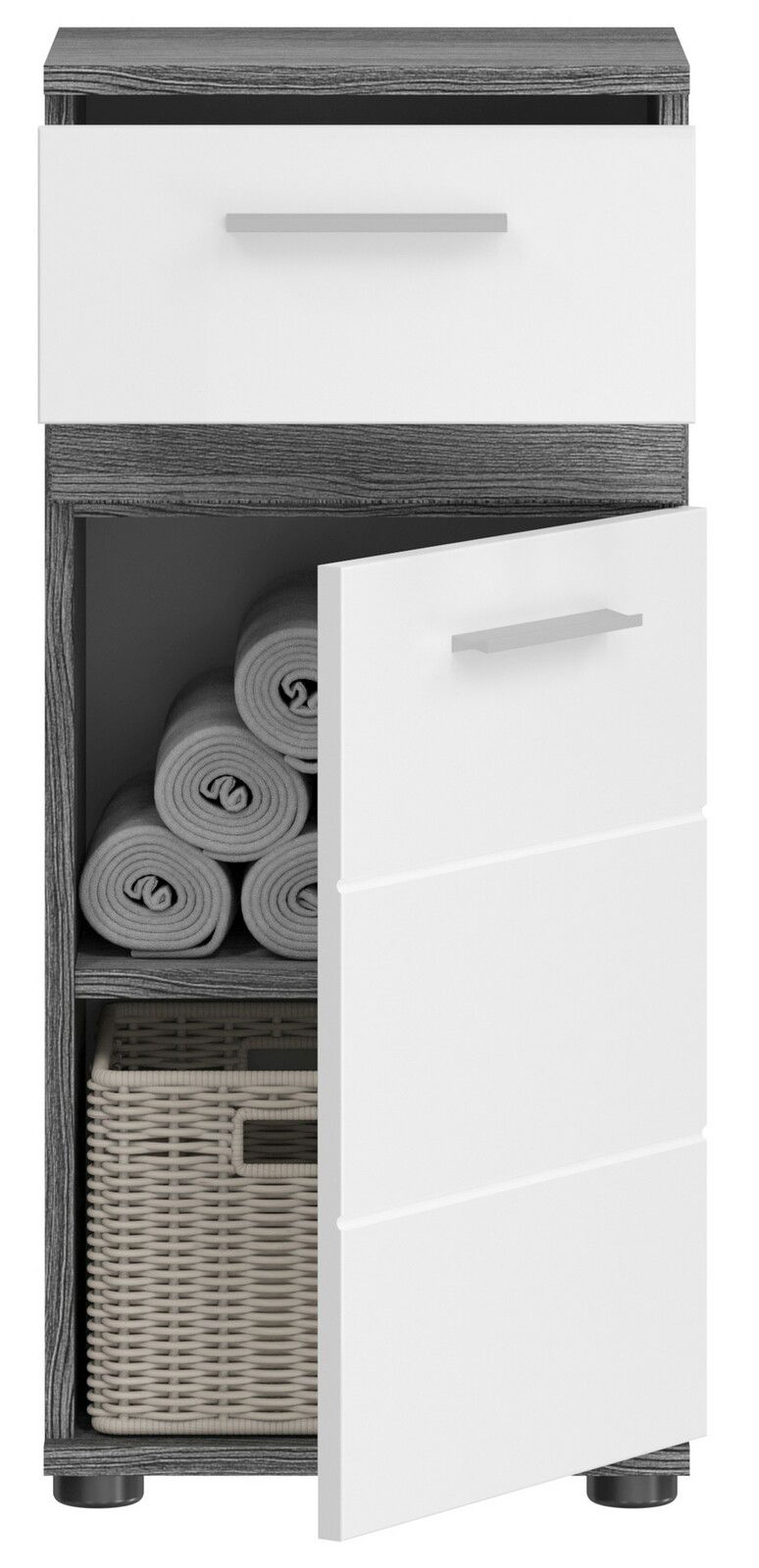 Moderner Standschrank mit weißer Front und grauer Holzoptik, geöffnete Tür zeigt Handtücher und Korb, Frontalansicht