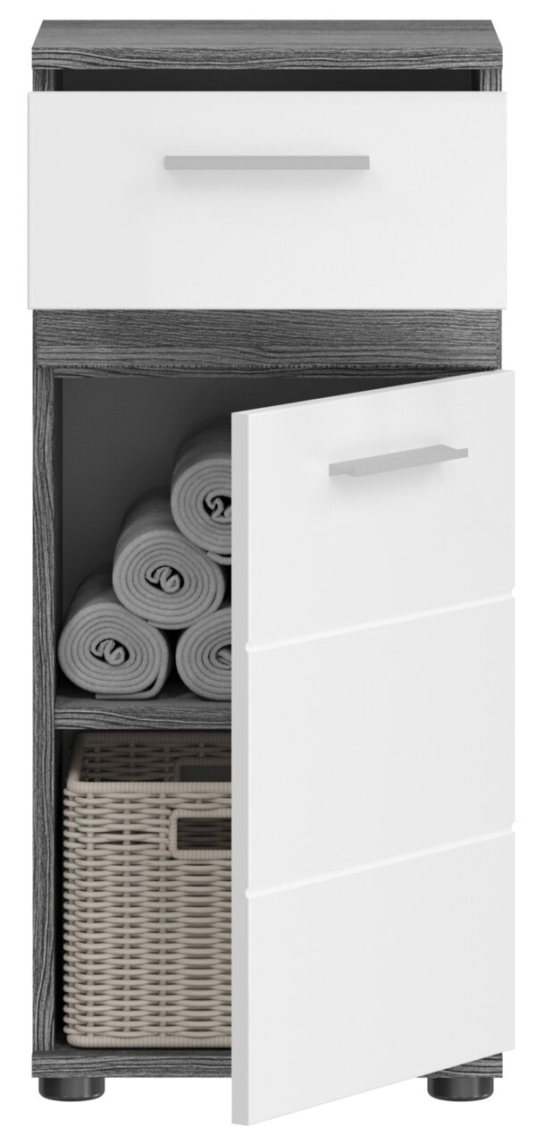 Moderner Standschrank mit weißer Front und grauer Holzoptik, geöffnete Tür zeigt Handtücher und Korb, Frontalansicht
