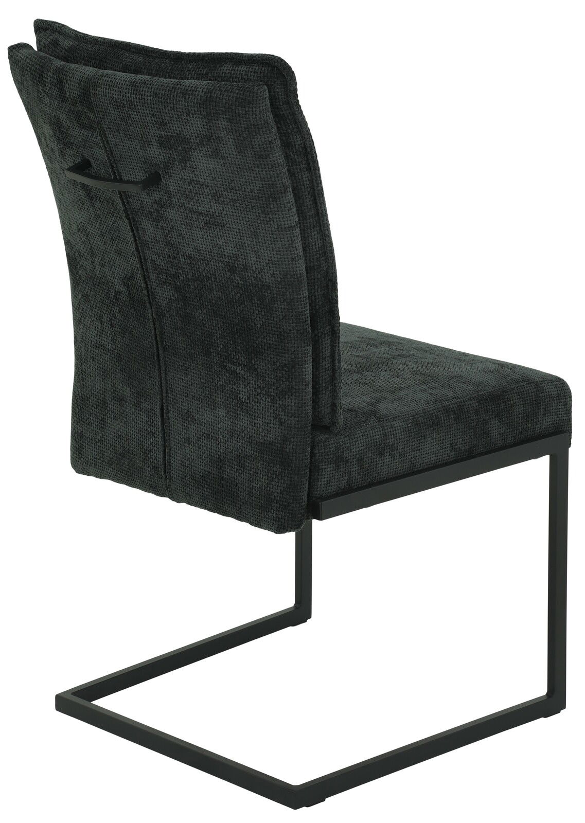 Rückansicht eines modernen Schwingstuhls OLIVIA mit schwarzem Stoffbezug und Metallgestell.