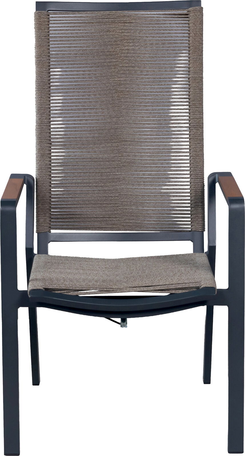 Moderner Outdoor-Armlehnstuhl mit dunkelgrauem Metallgestell, brauner Seilbespannung an Rückenlehne und Sitzfläche, frontal von vorne in gerader Perspektive freigestellt auf weißem Hintergrund