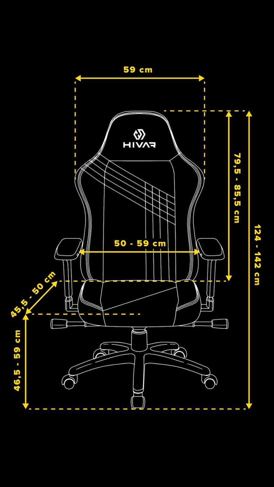 Gaming Stuhl von vorne mit verstellbaren Armlehnen und ergonomischem Design, Maße in Zentimetern angegeben.