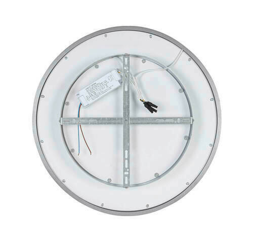 Rückansicht einer runden LED-Deckenleuchte mit sichtbarer Verkabelung und Metallrahmen.