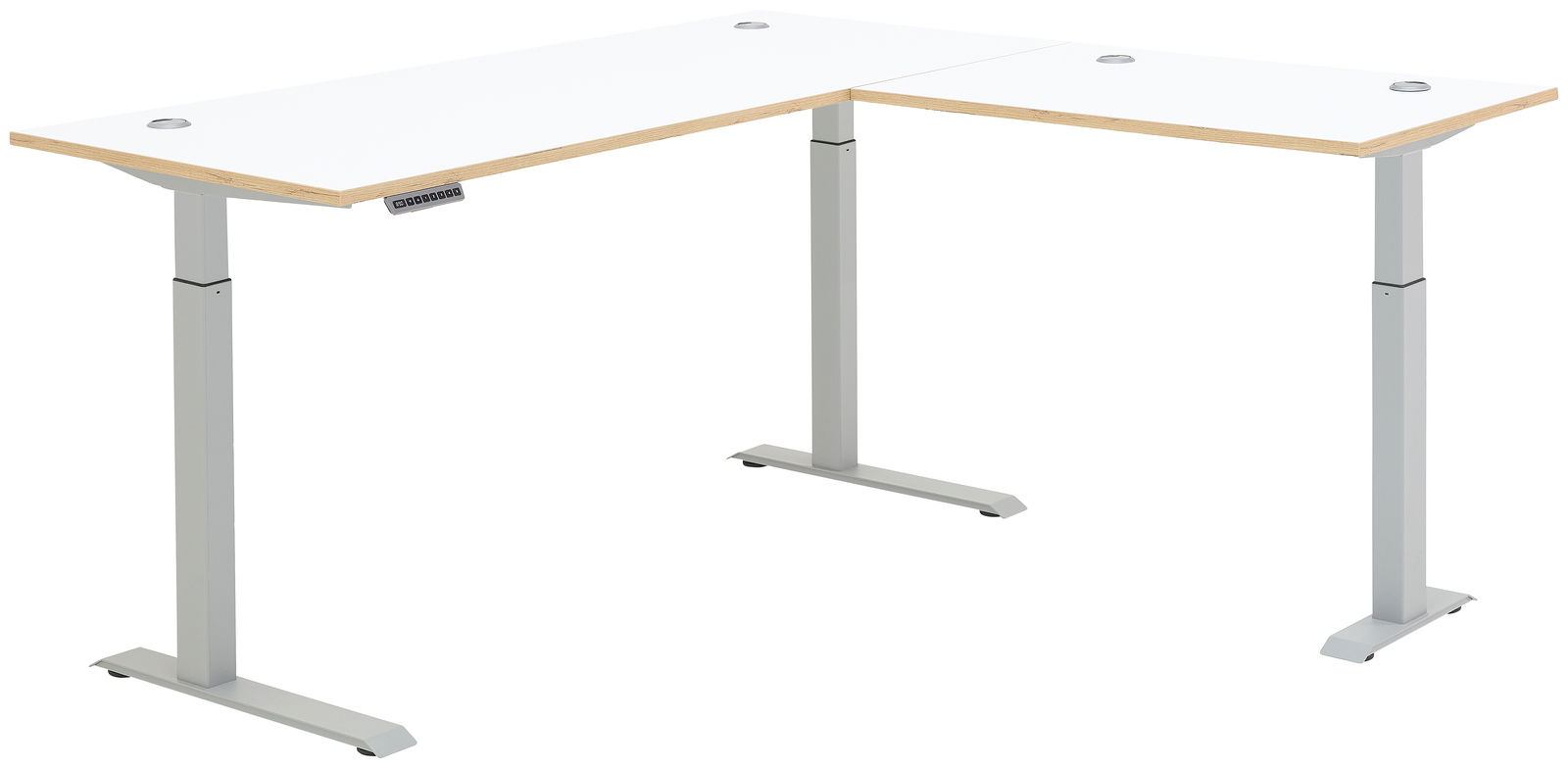 Moderner weißer E-Eckschreibtisch mit höhenverstellbaren Beinen, seitliche Perspektive