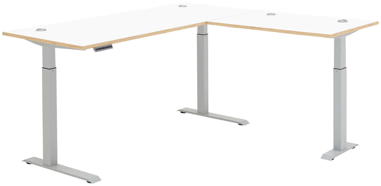 Moderner weißer E-Eckschreibtisch mit höhenverstellbaren Beinen, seitliche Perspektive