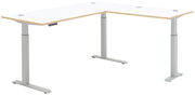 Moderner weißer E-Eckschreibtisch mit höhenverstellbaren Beinen, seitliche Perspektive