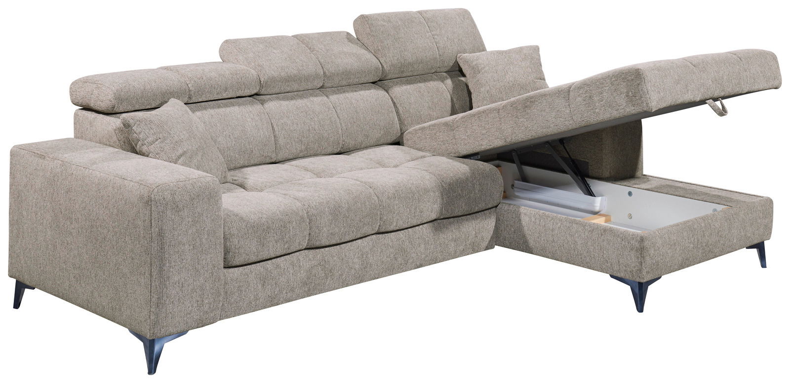 Graues Ecksofa mit verstellbaren Kopfstützen und Stauraum, Perspektive von vorne links