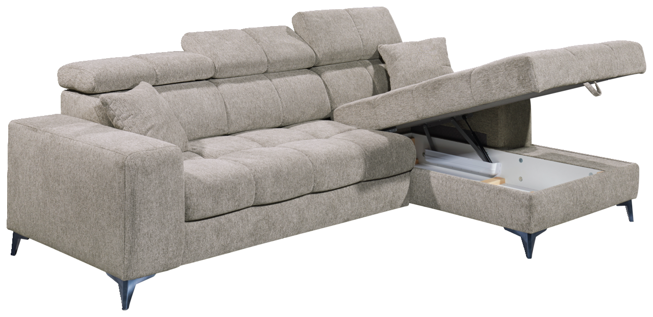 Graues Ecksofa mit verstellbaren Kopfstützen und Stauraum, Perspektive von vorne links