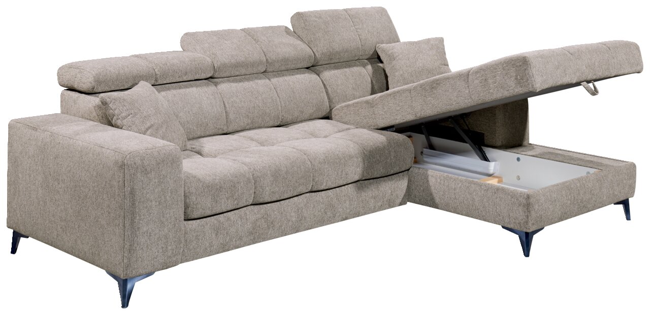 Graues Ecksofa mit verstellbaren Kopfstützen und Stauraum, Perspektive von vorne links