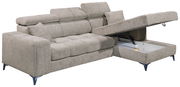 Graues Ecksofa mit verstellbaren Kopfstützen und Stauraum, Perspektive von vorne links