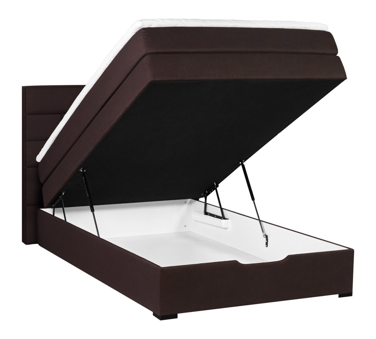Boxspringbett mit geöffnetem Bettkasten, seitliche Perspektive