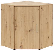 Eckkommode aus hellem Holz mit natürlicher Maserung, Ansicht von vorne und leicht seitlich.