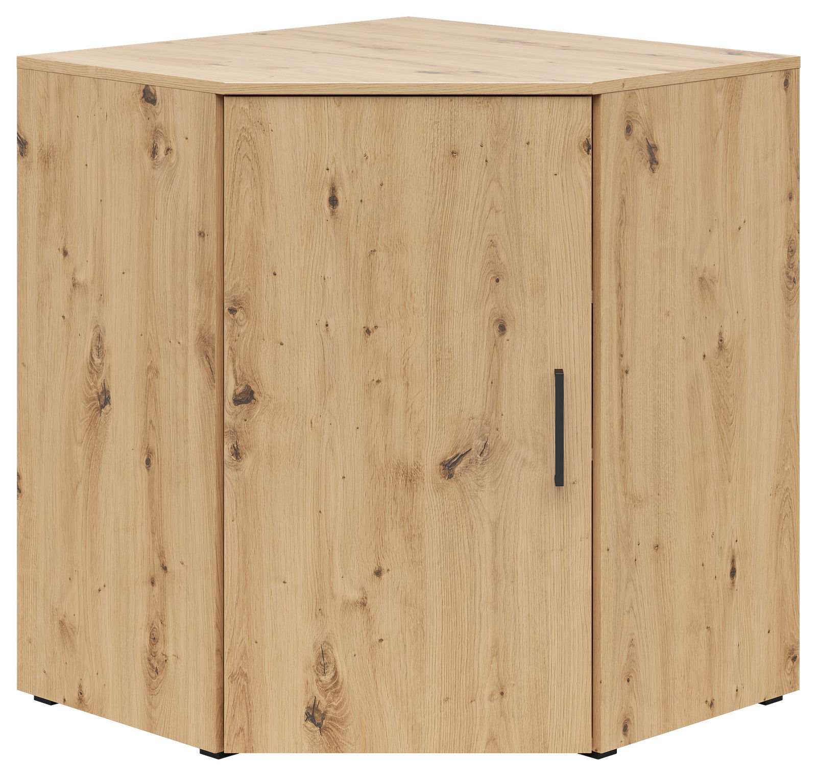 Eckkommode aus hellem Holz mit natürlicher Maserung, Ansicht von vorne und leicht seitlich.