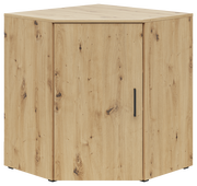 Eckkommode aus hellem Holz mit natürlicher Maserung, Ansicht von vorne und leicht seitlich.