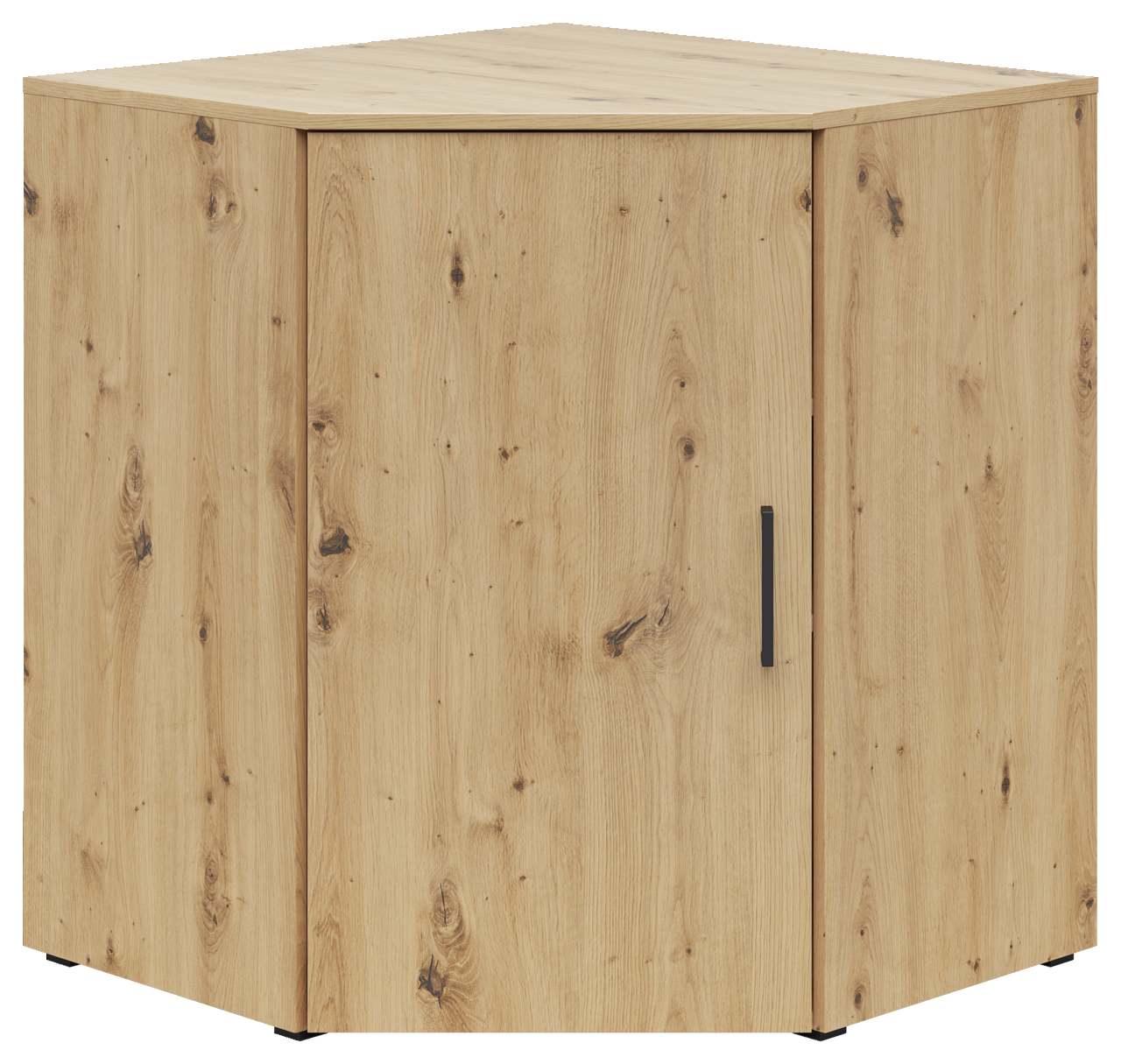 Eckkommode aus hellem Holz mit natürlicher Maserung, Ansicht von vorne und leicht seitlich.