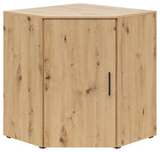 Eckkommode aus hellem Holz mit natürlicher Maserung, Ansicht von vorne und leicht seitlich.