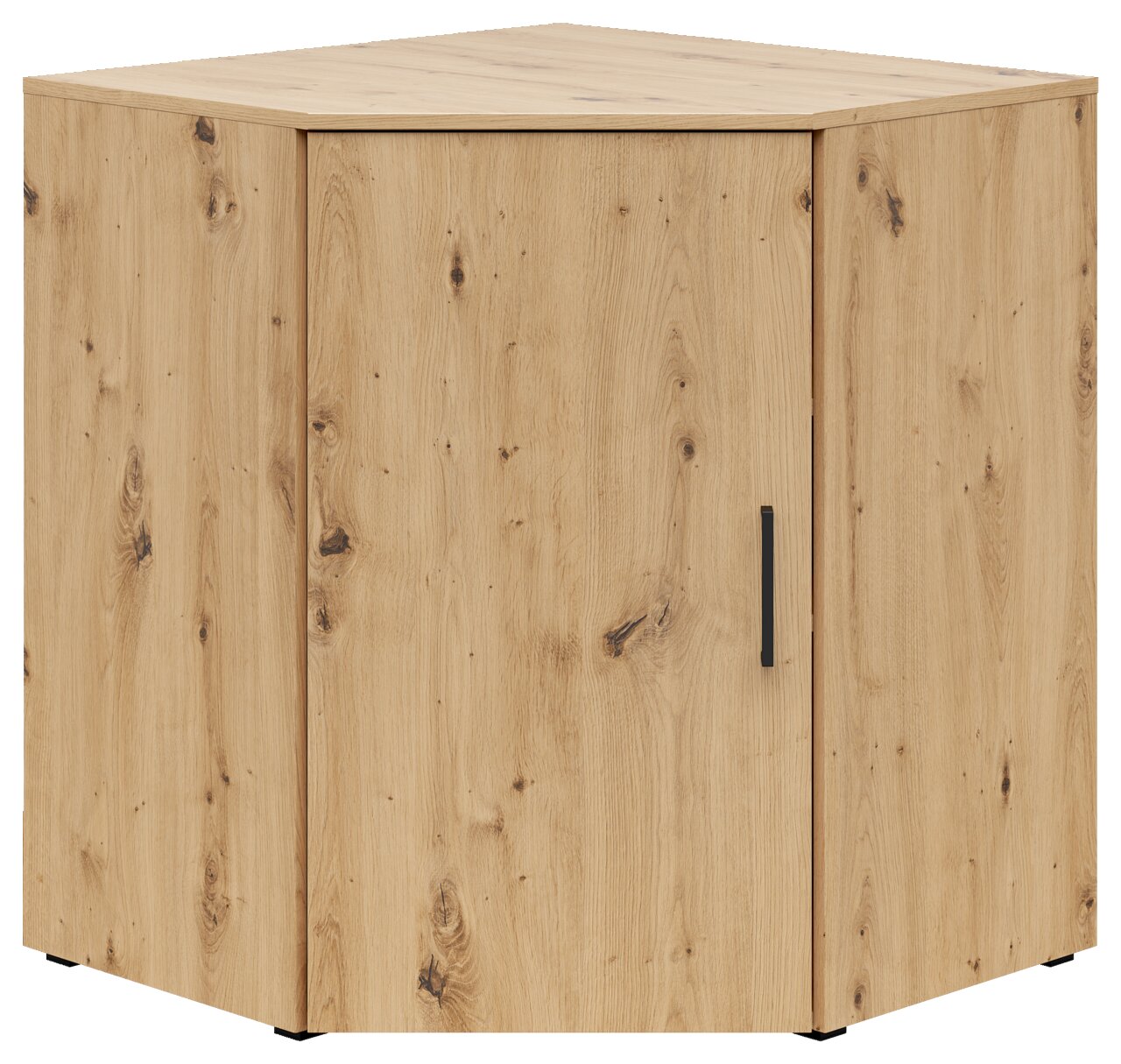 Eckkommode aus hellem Holz mit natürlicher Maserung, Ansicht von vorne und leicht seitlich.