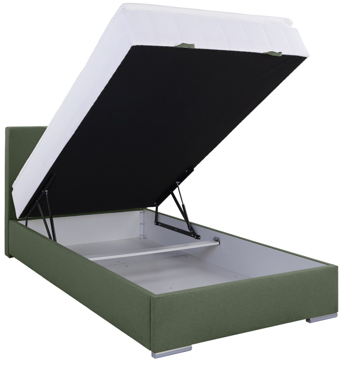 Boxbett 120 mit hochgeklappter Matratze, seitliche Perspektive