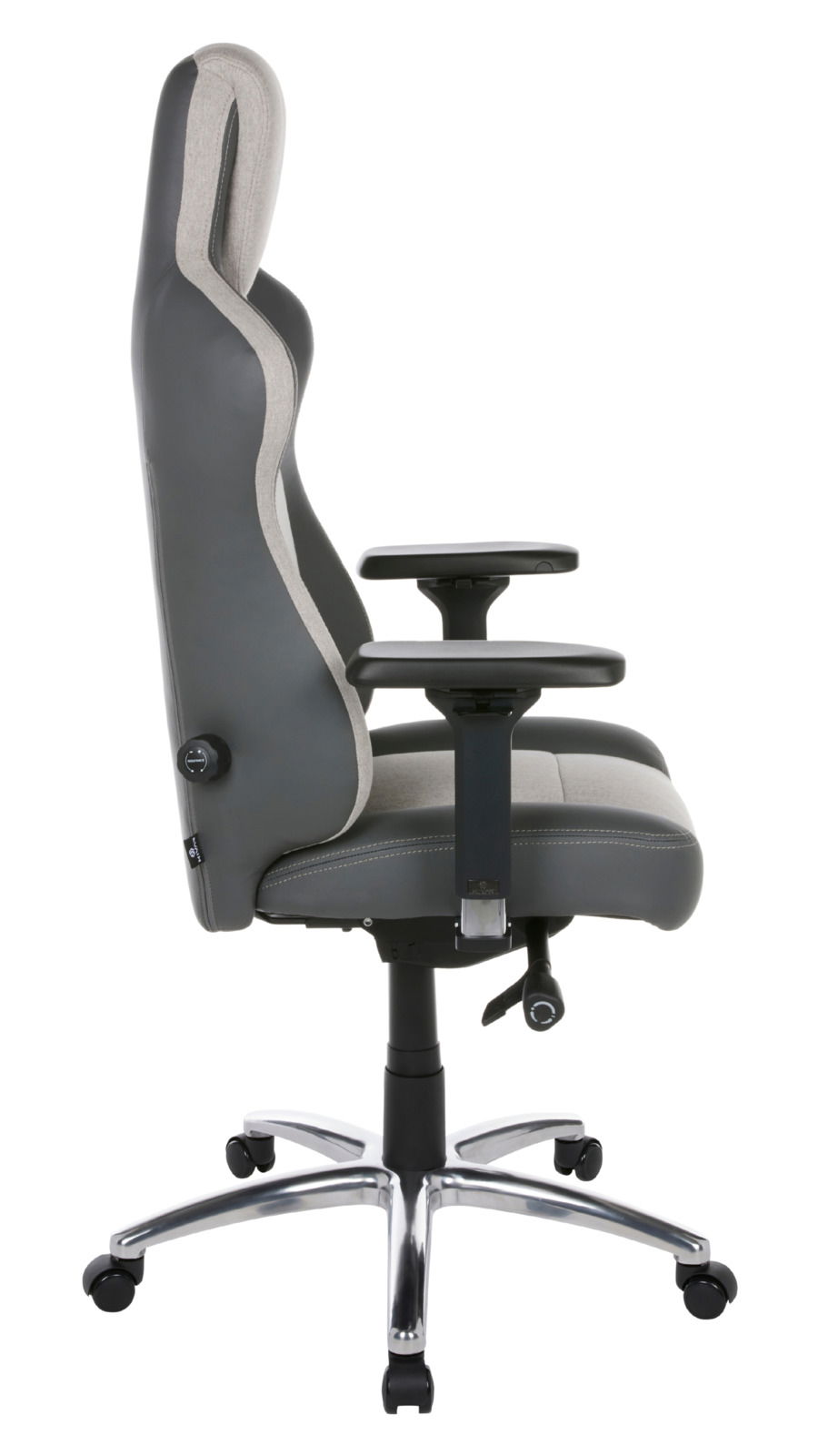 HIVAR Gaming Stuhl EQLIPSE Seitliche Ansicht eines grauen Gaming-Stuhls mit verstellbaren Armlehnen und ergonomischem Design.