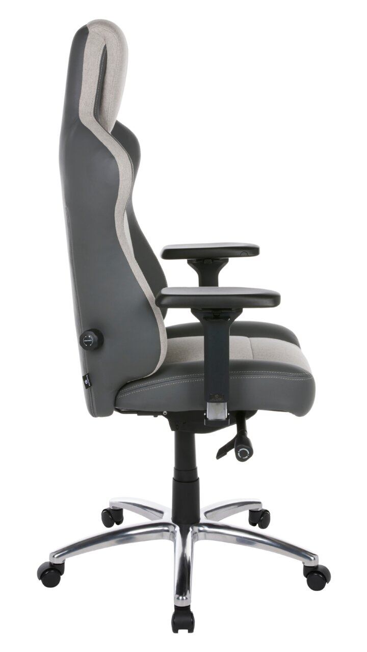 Seitliche Ansicht eines grauen Gaming-Stuhls mit verstellbaren Armlehnen und ergonomischem Design.