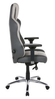 Seitliche Ansicht eines grauen Gaming-Stuhls mit verstellbaren Armlehnen und ergonomischem Design.